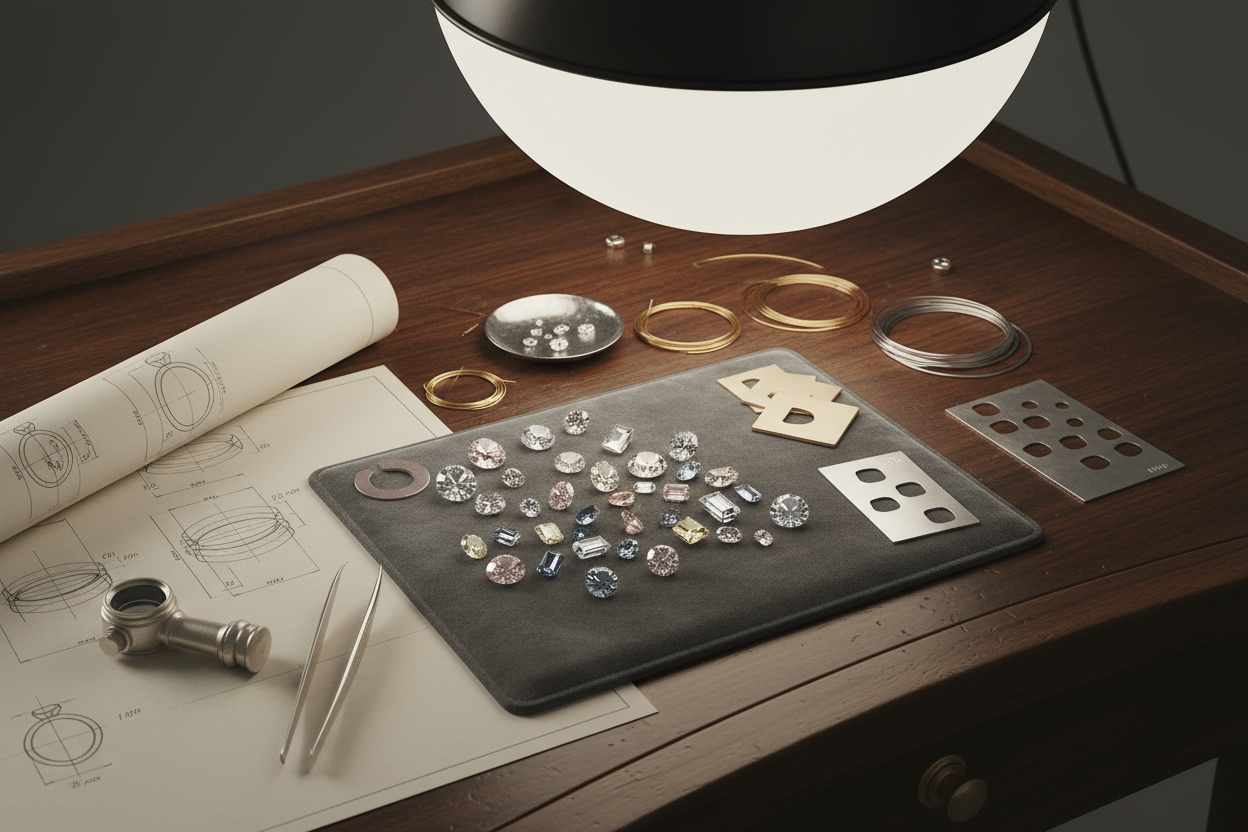 给我生成一张不同颜色形状的钻石 还有不同18k和palladium款式的照片 这些材料 都不是成品都在桌子上 然后桌上放了一张珠宝设计图纸 整个图要高清 一定要高级典雅 饱和度不要太高 要对标高级品牌