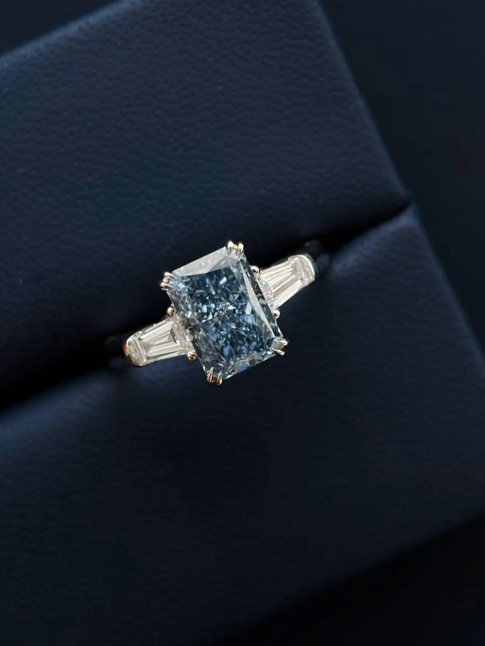 Lab Grown Blue Radiant-Cut Diamond Ring – 5.8ct Total – 18K White Gold – VS1 Clarity