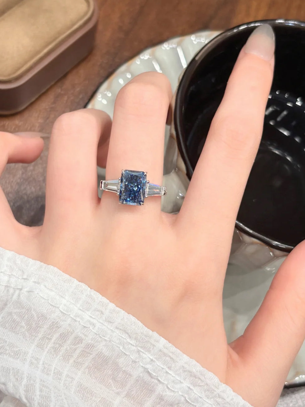 Lab Grown Blue Radiant-Cut Diamond Ring – 5.8ct Total – 18K White Gold – VS1 Clarity