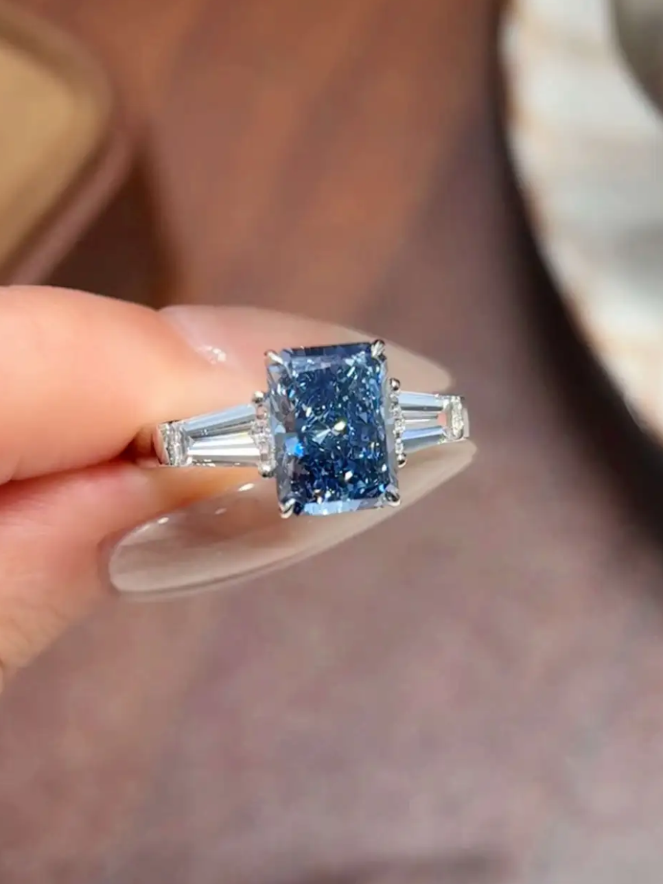 Lab Grown Blue Radiant-Cut Diamond Ring – 5.8ct Total – 18K White Gold – VS1 Clarity