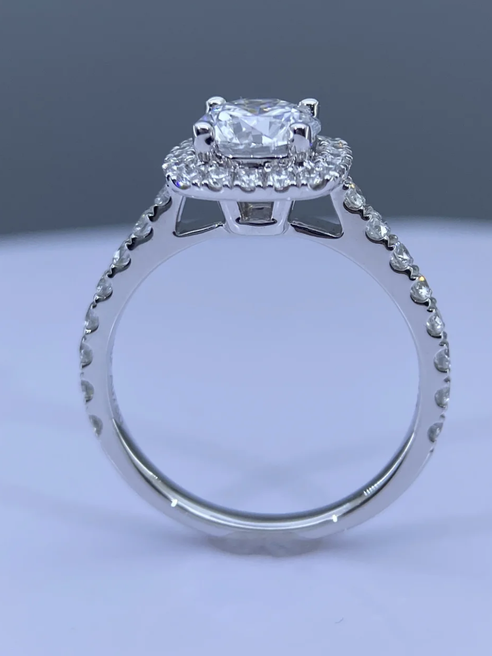 Lab Grown Cushion Halo Diamond Ring – 0.95ct Total – VVS2 Clarity