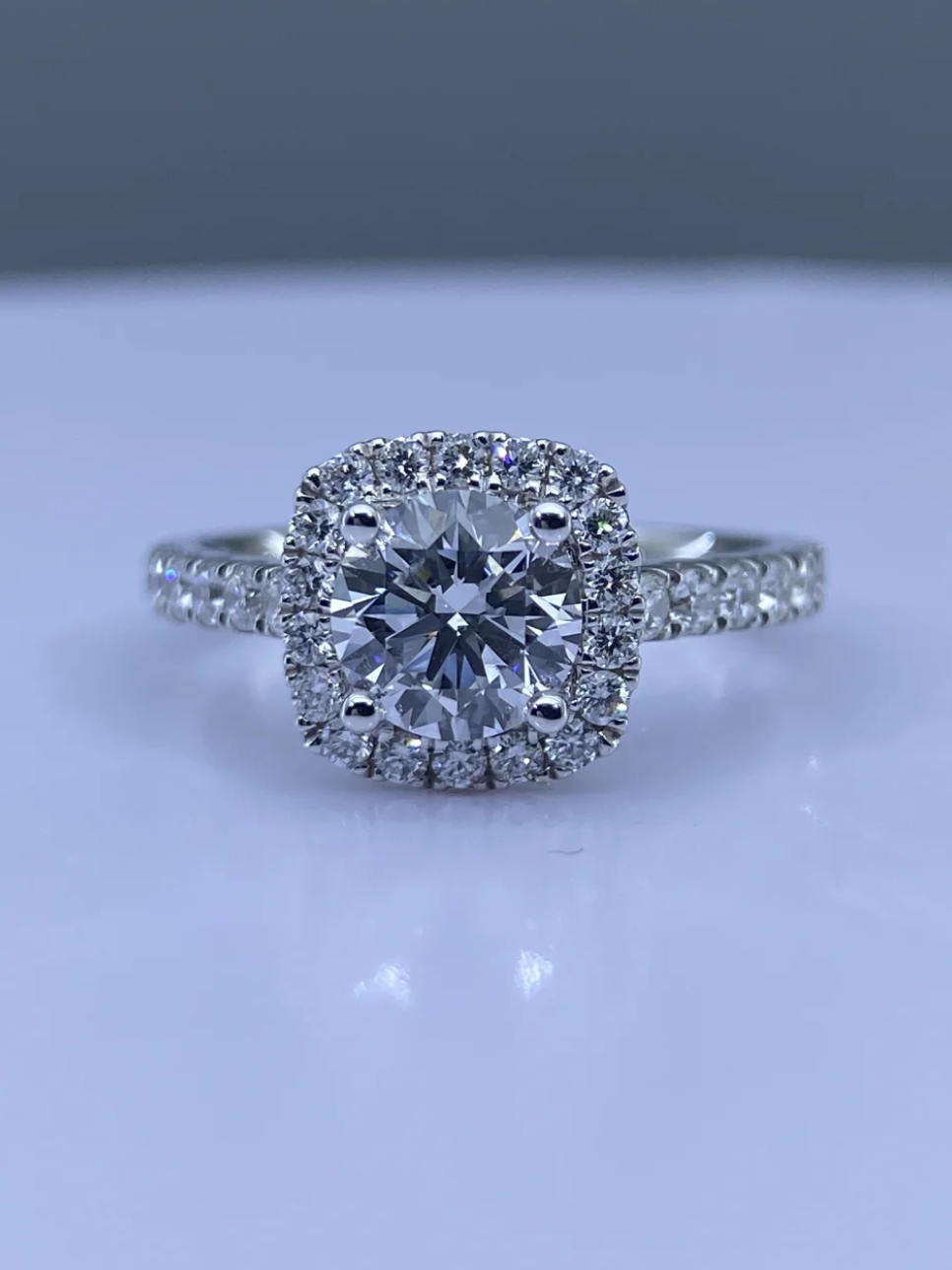 Lab Grown Cushion Halo Diamond Ring – 0.95ct Total – VVS2 Clarity