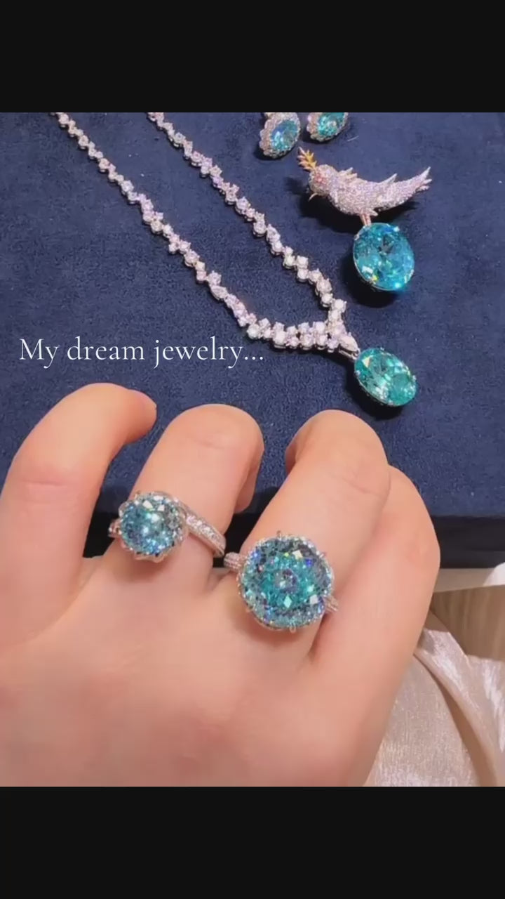 Lab-Grown Blue Topaz Brilliant Round Diamond Halo Ring – 9.01ct D VVS